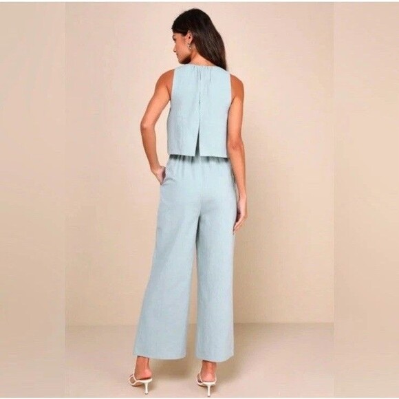Lulus Breezy Sophistication Sage Green Textured Wide  Leg Jumpsuit NWT Size S - Picture 2 of 10